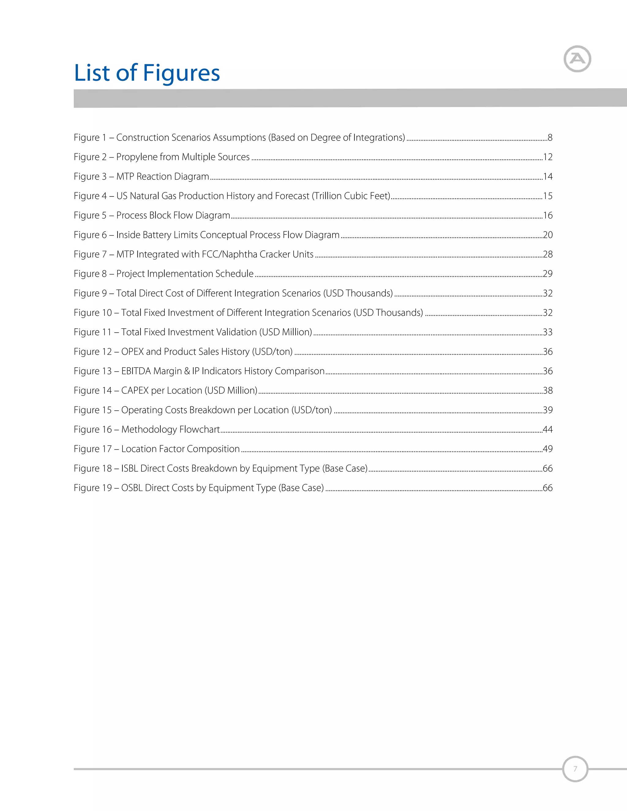 About this Study
This study follows the same pattern as all Technology
Economics studies developed by Intratec and is based on
the same rigorous methodology and well-defined structure
(chapters, type of tables and charts, flow sheets, etc.).

Analysis Performed

This chapter summarizes the set of information that served
as input to develop the current technology evaluation. All
required data were provided through the filling of the
Technology Economics Form available at Intratec’s website.

The economic analysis is based on the construction of a
plant inside a petrochemical complex, in which methanol
feedstock is locally provided and propylene product is
consumed by a nearby polypropylene unit. Therefore, no
storage for product or raw material is required. Additionally,
the petrochemical complex supplies most utilities.

Construction Scenarios

You may check the original form in the “Appendix H.
Technology Economics Form Submitted by Client”.

Since the Outside Battery Limits (OSBL) requirements–
storage and utilities supply facilities – significantly impact
the capital cost estimates for a new venture, they may play a
decisive role in the decision as to whether or not to invest.
Thus, in this study three distinct OSBL configurations are
compared. Those scenarios are summarized in Figure 1 and
Table 1

Object of Study
This assignment assesses the economic feasibility of an
industrial unit for propylene production from methanol,
implementing technology similar to the Lurgi MTP® and
JGC/Mitsubishi DTP® processes.
The current assessment is based on economic data
gathered on Q3 2011 and a chemical plant’s nominal
capacity of 557 kta (thousand metric tons per year).

Figure 1 – Construction Scenarios Assumptions (Based on Degree of Integrations)
Petrochemical Complex

Non-Integrated
Products Storage
Products Storage

ISBL Unit
ISBL Unit

Raw Materials

Partially Integrated
Petrochemical Complex

Fully Integrated
Products
Consumer
Petrochemical Complex

Products Consumer

Products Consumer

Products Storage

ISBL Unit
ISBL Unit

Raw Materials

ISBL Unit
ISBL Unit

Raw Materials

8

Provider
Raw Materials
Storage

Provider
Raw Materials
Provider

Grassroots unit

Intratec | About this Study

RawStorage
Materials
Storage

Unit is part of a petrochemical complex

Most infrastructure is already installed
Petrochemical Complex

Source: Intratec – www.intratec.us

 