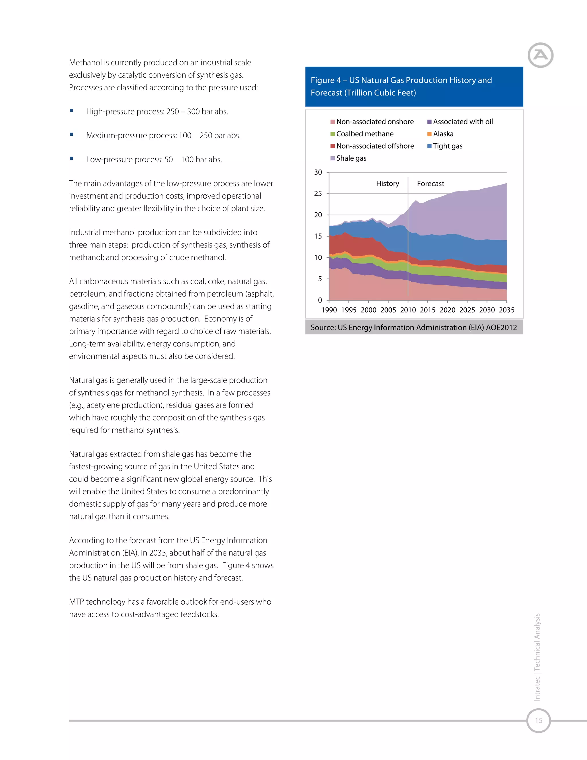 Technology Overview
The MTP technology is based on the efficient combination
of two main features:
Fixed-bed reactor system, selected as the most suitable
reaction system from a technological and economic
point of view;
Highly selective and stable zeolite-based fixed-bed
catalyst commercially manufactured.
In the process, methanol fed to the MTP plant is first
converted to DME and water in a DME pre-reactor. Using a
highly active and selective catalyst, thermodynamic
equilibrium is achieved, resulting in the methanol-waterDME mixture at appropriate operating conditions.
Hydrocarbon recycle and steam generated from water
recycle are added to this mixture before it enters the first
MTP reactor of the multi-stage adiabatic reactor system.
The methanol/DME conversion rate exceeds 99%, with
propylene as the essential compound. Additional reaction
proceeds in the downstream reactor stages.
The product mixture leaving the reactor system consists of
product gas, organic liquid and water. This mixture is
cooled and compressed.

After product gas compression, traces of water and DME are
removed and the gas is further processed, yielding polymergrade propylene. Several hydrocarbon-containing streams
are recycled to boost the propylene yield. Propylene is the
single main product, as shown in the simplified flow
diagram. Gasoline, LPG, fuel gas and water are by-products.
To avoid accumulation of inert materials in the system, a
small purge is required for light- and heavy-ends. The
excess water resulting from the methanol conversion is also
purged. It can be used as raw water or for irrigation after
inexpensive standard treatment. It can even be processed
to potable water.
Occurrence of coke formed on the active catalyst surfaces is
a crucial issue and inherent in catalytic conversion to olefins
due to inevitable side reactions. The amount of coke
formed is decisive for choosing the most adequate reactor
operation mode and catalyst. For this reason, propylene
synthesis is conducted in a semi-continuous manner, with
one or two reactor systems effectively conducting the
reactions, while the other or a third one is in regeneration or
on stand-by mode.
Regeneration is conducted by burning the coke with a
nitrogen/air mixture, after a cycle of approximately 500-600
hours of operation. The regeneration is carried out at
temperatures similar to the reaction itself, hence the catalyst
particles do not experience any unusual temperature stress
during the in-situ catalyst regeneration procedure.

Figure 5 – Process Block Flow Diagram

Olefins Recycle

Intratec | Technical Analysis

Methanol

16

Area 200
Quench &
Compression

Area 100
Reaction

Fuel Gas

PG Propylene

Area 300
Fractionation

LPG
Gasoline

Water Recycle
Water

Source: Intratec – www.intratec.us

 