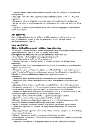 5.1 Evaluate the case for the integration of occupational health and safety into an organisation’s
business activity
5.2 Develop a practicable whole-organisation approach to occupational health and safety in an
organisation
5.3 Analyse the relevance of a whole-organisation approach in tackling bullying and violence
5.4 Scope the nature of interdependence in the components of an occupational health and safety
system
5.5 Develop a strategic response and operational plans that address aggregated, interdependent
health and safety risks
Assessment
There must be valid, authentic and sufficient for all the assessment criteria. However, one
piece of evidence may be used to meet the requirements of more than one learning
outcome or assessment criterion.
Unit J/618/5598
Digital technologies and incident investigation
This unit aims to provide candidates with the knowledge of digital technologies and risk assessment
approaches to various types of hazards and incident investigation.
Learning Outcome - The learner will: Assessment Criterion - The learner can:
1. Understand the effects of digital technologies on strategic and
operational occupational health and safety management
1.1 Evaluate the impact of digital technology on occupational health and safety within an
organisation
1.2 Analyse the ways in which advanced robotics and artificial intelligence could contribute to the
improved reduction of risks
1.3 Analyse the way in which advanced robotics and artificial intelligence could be detrimental to
workers’ mental health longer term and develop a response that addresses these highlighted risks
2. Be able to implement a biohazards risk assessment and control measures in
the workplace
2.1 Analyse the way in which exposure and assessment are used in risk management
2.2 Analyse the way in which different workplaces can be protected from various identifiable
infections
2.3 Develop a strategy that can reduce/limit the spread of infection within different workplaces
2.4 Analyse the requirements of a risk communication strategy to prevent the spread of infection
3. Understand the implementation of ecological risk assessment and control measures
3.1 Analyse the way in which the strategic and management goals of an organisation may be met
whilst addressing the impact of industrial activities on an ecosystem
3.2 Develop a realistic risk identification for an organisation’s ecological activities
3.3 Quantify an assessment for an organisation’s industrial activities
3.4 Evaluate the strategic and operational requirements of an ecological risk assessment that
assesses the risks posed by industrial effluent on downstream ecosystems
4. Be able to implement engineering solutions for ergonomic hazards and control measures
4.1 Analyse the ergonomic risk factors in the workplace and their strategic and operational
implications
4.2 Develop practicable ergonomic solutions that address risks in the workplace and their strategic
and operational implications
4.3 Quantify the costs and benefits of ergonomic solutions in the workplace
5. Understand the requirements of the implementation of risk assessment for biological outbreaks
and control measures
5.1 Analyse the requirements of strategic risk and risk assessment for biological outbreaks
 