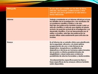Bibliografía Es una obra que consiste en una lista de libros,
artículos, documentos, publicaciones y otros
artículos que por lo general en un solo tema o
temas relaciondo
Informe Trabajo consistente en un informe oficial por el que
los detalles de la investigación y los resultados de
un problema científico médico o de otro.
Este tipo de publicación también puede cubrir un
artículo científico o artículo que registra el estado
actual o la posición actual de la investigación y el
desarrollo científico. Si es así denominado por el
editor o el editor, este tipo de publicación se
puede utilizar adecuadamente para artículos de
revistas
Ensayo Es el informe de un estudio clínico pre-planificado
de la seguridad, eficacia, o la dosis óptima
programación de uno o más fármacos de
diagnóstico, terapéuticos o profilácticos,
dispositivos o técnicas en humanos seleccionados
de acuerdo a criterios predeterminados de
elegibilidad y observadas para evidencia
predefinida de efectos favorables y desfavorables.
Encabezamientos específicos para los tipos y
fases específicas de los ensayos clínicos también
están disponibles.
 
