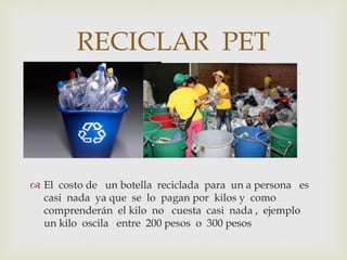 RECICLAR PET 
 
 El costo de un botella reciclada para un a persona es 
casi nada ya que se lo pagan por kilos y como 
comprenderán el kilo no cuesta casi nada , ejemplo 
un kilo oscila entre 200 pesos o 300 pesos 
 