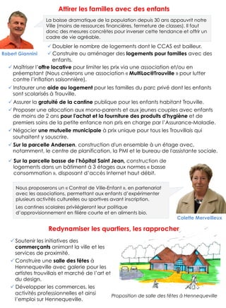 Proposition de salle des fêtes à Hennequeville
Colette Merveilleux
Robert Giannini
Attirer les familles avec des enfants
! Maîtriser l’offre locative pour limiter les prix via une association et/ou en
préemptant (Nous créerons une association « MultiLoc@Trouville » pour lutter
contre l’inflation saisonnière).
! Instaurer une aide au logement pour les familles du parc privé dont les enfants
sont scolarisés à Trouville.
! Assurer la gratuité de la cantine publique pour les enfants habitant Trouville.
! Proposer une allocation aux mono-parents et aux jeunes couples avec enfants
de moins de 2 ans pour l'achat et la fourniture des produits d'hygiène et de
premiers soins de la petite enfance non pris en charge par l’Assurance-Maladie.
! Négocier une mutuelle municipale à prix unique pour tous les Trouvillais qui
souhaitent y souscrire.
! Sur la parcelle Andersen, construction d'un ensemble à un étage avec,
notamment, le centre de planification, la PMI et le bureau de l'assistante sociale.
! Soutenir les initiatives des
commerçants animant la ville et les
services de proximité.
! Construire une salle des fêtes à
Hennequeville avec galerie pour les
artistes trouvillais et marché de l’art et
du design.
! Développer les commerces, les
activités professionnelles et ainsi
l’emploi sur Hennequeville.
! Doubler le nombre de logements dont le CCAS est bailleur.
! Construire ou aménager des logements pour familles avec des
enfants.
La baisse dramatique de la population depuis 30 ans appauvrit notre
Ville (moins de ressources financières, fermeture de classes). Il faut
donc des mesures concrètes pour inverser cette tendance et offrir un
cadre de vie agréable.
Nous proposerons un « Contrat de Ville-Enfant », en partenariat
avec les associations, permettant aux enfants d’expérimenter
plusieurs activités culturelles ou sportives avant inscription.
Les cantines scolaires privilégieront leur politique
d’approvisionnement en filière courte et en aliments bio.
Redynamiser les quartiers, les rapprocher
! Sur la parcelle basse de l’hôpital Saint Jean, construction de
logements dans un bâtiment à 3 étages aux normes « basse
consommation », disposant d’accès Internet haut débit.
3
 