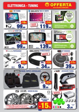 5
LEIMMAGINISONOPURAMENTEILLUSTRATIVE
€ 199,95
•
•
VAI SUL SITO:
PROMO.MYCOYOTE.NET
PER RICEVERE I MESI
OMAGGIO.
FINO
ALL’8 MAGGIO,
ACQUISTANDO
AVRAI 2 MESI EXTRA
DI SERVIZIO
OMAGGIO!
€ 149,95
• VIDEOCAMERA INTEGRATA
VID 16309S
€ 229,95
•
•
•
FITNESS WATCH
FODERE,TAPPETI, COPRIVOLANTI
CERCHI IN LEGA
ACCESSORI TUNING
TAB 311 WHITE
38776758448
• Schermo 9” con
lettore DVD
• Supporto per pog-
gia testa fornito
• Sacca di trasporto
fornita
• Schermo 10.1”
• Processore Quad
Core da 1.3GHz
• 3G e Wi-Fi
• S.O. Android 5.1
Lollipop
• Memoria Interna
8 GB espandibile
fino a 32GB
ELETTRONICA - TUNING
119,95
139,95 -14%
99,95
119,95 -16%
933299
38984
858195
2025954
START 20M GO 50
• Display
4,3”
Touch
• Mappa
Europa
23 paesi
• Display 5”
Touch
• Mappa
Europa
45 paesi
139,95
179,95 -22%
99,95
119,95 -16%
34,95
39,95 -12%
9,95
12,95 -23%
A PARTIRE
DA
Colori disponibili:
3,99
A PARTIRE
DA
NOVITA’
Colori disponibili
SU TUTTA LA
GAMMA
-15%
FUNZIONE
CHIAMATA
KIT VIVAVOCE
39,95
44,95 -11%
PORTACHIAVI
• Cavo dati USB/
Lightning per
iPhone
• Cavo dati USB/
Micro USB
9,95
12,95 -23%
A PARTIRE
DA
2004124
2004125
VALVOLE TPMS: Disponibilità di sensori di pressione
programmabili per tutte le vetture del mercato.
Servizio di diagnosi, duplicazione e sostituzione sensori.
NOVITA’NOVITA’
PossibilitàdiinstallazionePressolenostreofficine
dal15.02.2016al20.03.2016
42027
OFFERTA
KDC-100UBS
69,63
84,95
IVA
SENZA
I GIORNI
dal 21.03.2016 al 08.05.2016
 