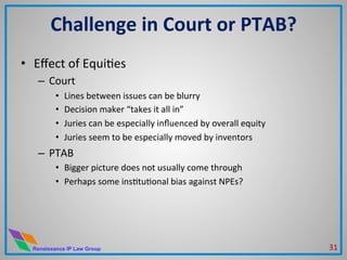 Renaissance IP Law Group
•  Eﬀect	
  of	
  EquiMes	
  
–  Court	
  
•  Lines	
  between	
  issues	
  can	
  be	
  blurry	
  
•  Decision	
  maker	
  “takes	
  it	
  all	
  in”	
  	
  
•  Juries	
  can	
  be	
  especially	
  inﬂuenced	
  by	
  overall	
  equity	
  
•  Juries	
  seem	
  to	
  be	
  especially	
  moved	
  by	
  inventors	
  
–  PTAB	
  
•  Bigger	
  picture	
  does	
  not	
  usually	
  come	
  through	
  
•  Perhaps	
  some	
  insMtuMonal	
  bias	
  against	
  NPEs?	
  
Challenge	
  in	
  Court	
  or	
  PTAB?	
  
31	
  
 