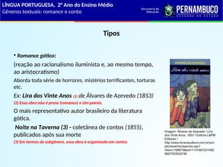 Tipos
• Romance gótico:
(reação ao racionalismo iluminista e, ao mesmo tempo,
ao aristocratismo)
Aborda toda série de horrores, mistérios terrificantes, torturas
etc.
Ex: Lira dos Vinte Anos (2) de Álvares de Azevedo (1853)
(2) Essa obra não é prosa (romance) e sim poesia.
O mais representativo autor brasileiro da literatura
gótica.
Noite na Taverna (3) - coletânea de contos (1855),
publicados após sua morte
(3) Em termos de subgênero, essa obra é organizada em contos
LÍNGUA PORTUGUESA, 2° Ano do Ensino Médio
Gêneros textuais: romance e conto
Imagem: Álvares de Azevedo / Lira
dos Vinte Anos, 1853 / Editora L&PM
Editores /
http://www.livrariacultura.com.br/scri
pts/resenha/resenha.asp?
nitem=168679&sid=1151681251482
9667403042746
 