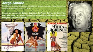 Problemas sociais (idealismo partidário); lendas, crenças, tipos humanos,
realidade e sonho; ciclo do cacau.
O país do carnaval; Cacau; Capitães de Areia; Terras do Sem Fim;
Gabriela, cravo e canela; Dona Flor e seus dois maridos; Tenda dos
Milagres; Tieta do Agreste;
 