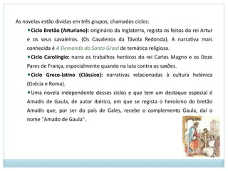 Além dos géneros literários de feição religiosa e histórica, encontramos no mesmo período obras absolutamente dominadas pelo maravilhoso e que são os romances de cavalaria - produto da imaginação e fantasia dos autores, embora com um certo fundamento de verdade.Esta prosa medieval portuguesa tem origem em várias regiões europeias e as manifestações mais importantes são as Novelas de Cavalaria, originárias das antigas Canções de Gesta, poemas épicos, guerreiros, dos quais o mais famoso é a célebre Chanson de Roland, de origem francesa. 