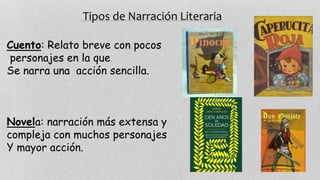Tipos de Narración Literaria 
Cuento: Relato breve con pocos 
personajes en la que 
Se narra una acción sencilla. 
Novela: narración más extensa y 
compleja con muchos personajes 
Y mayor acción. 
 