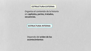 ESTRUCTURA EXTERNA 
Organiza el contenido de la historia 
en capítulos, partes, tratados, 
secuencias. 
ESTRUCTURA INTERNA 
Depende del orden de los 
acontecimientos 
 