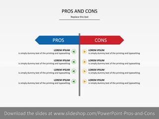 PROS AND CONS
Replace this text

PROS
LOREM IPSUM
is simply dummy text of the printing and typesetting

LOREM IPSUM
is simply dummy text of the printing and typesetting

LOREM IPSUM
is simply dummy text of the printing and typesetting

LOREM IPSUM
is simply dummy text of the printing and typesetting

CONS
LOREM IPSUM
is simply dummy text of the printing and typesetting

LOREM IPSUM
is simply dummy text of the printing and typesetting

LOREM IPSUM
is simply dummy text of the printing and typesetting

LOREM IPSUM
is simply dummy text of the printing and typesetting

1I
COMPANY NAME
PRESENTER NAME
Download the slides at www.slideshop.com/PowerPoint-Pros-and-Cons

 