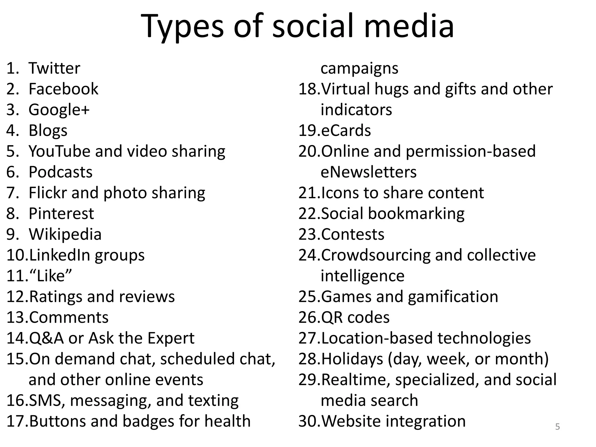 Types of social media
1. Twitter                              campaigns
2. Facebook                          18.Virtual hugs and gifts and other
3. Google+                              indicators
4. Blogs                             19.eCards
5. YouTube and video sharing         20.Online and permission-based
6. Podcasts                             eNewsletters
7. Flickr and photo sharing          21.Icons to share content
8. Pinterest                         22.Social bookmarking
9. Wikipedia                         23.Contests
10.LinkedIn groups                   24.Crowdsourcing and collective
11.“Like”                               intelligence
12.Ratings and reviews               25.Games and gamification
13.Comments                          26.QR codes
14.Q&A or Ask the Expert             27.Location-based technologies
15.On demand chat, scheduled chat,   28.Holidays (day, week, or month)
   and other online events           29.Realtime, specialized, and social
16.SMS, messaging, and texting          media search
17.Buttons and badges for health     30.Website integration              5
 