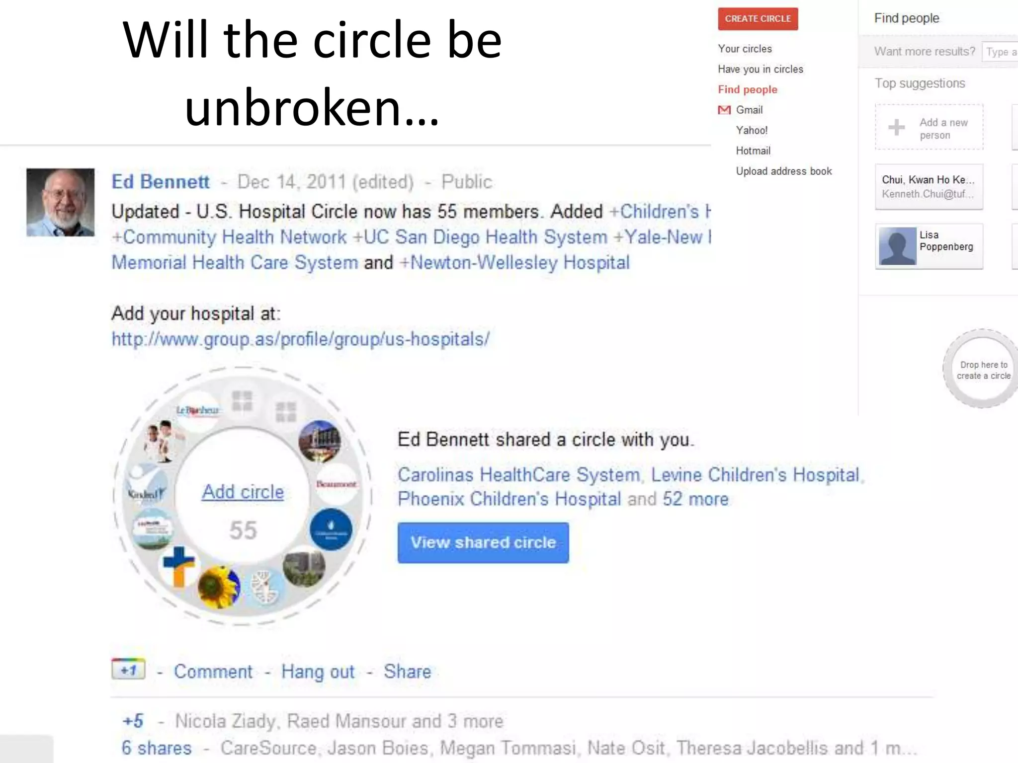 Will the circle be
  unbroken…




                     8
 