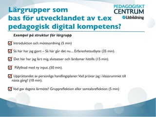 Lärgrupper som
bas för utvecklandet av t.ex
pedagogisk digital kompetens?
Exempel på struktur för lärgrupp
Introduktion och mötesordning (5 min)
Så här har jag gjort – Så här går det nu.... Erfarenhetsutbyte (35 min).
Det här har jag lärt mig, slutsatser och lärdomar hittills (15 min).
Påfyllnad med ny input. (50 min).
Upprättandet av personliga handlingsplaner:Vad prövar jag i klassrummet till
nästa gång? (10 min).
Vad gav dagens lärmöte? Gruppreﬂektion eller samtalsreﬂektion (5 min)
 