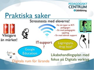 Praktiska saker
Stresstesta med eleverna!
Viktigare
än märket!
IT-support
?
Likabehandlingsplan med
fokus på Digitala verktyg
Google
Education
Digitala rum för lärande
Ha två typer av IKT-
pedagoger:
- En med pedagogiskt
uppdrag.
- En med teknisk support
Lagringsyta,
drop box?
 