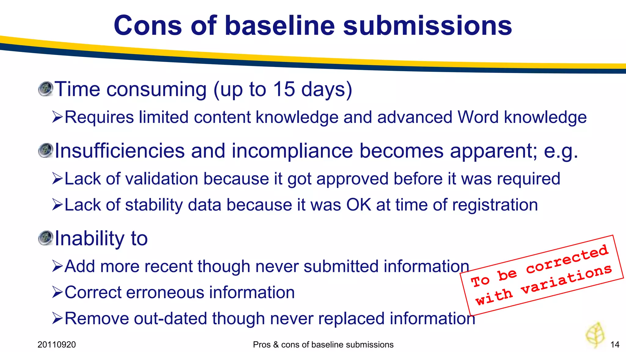 Cons of baseline submissions

   Time consuming (up to 15 days)
  Requires limited content knowledge and advanced Word knowledge
   Insufficiencies and incompliance becomes apparent; e.g.
  Lack of validation because it got approved before it was required
  Lack of stability data because it was OK at time of registration
   Inability to
  Add more recent though never submitted information
  Correct erroneous information
  Remove out-dated though never replaced information
20110920                    Pros & cons of baseline submissions        14
 