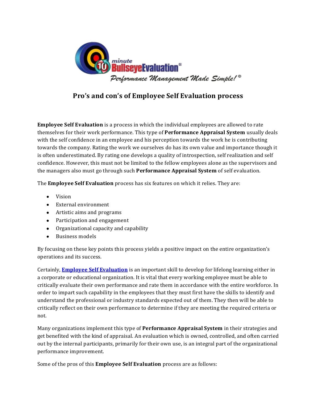 Pro s And Con s Of Employee Self Evaluation Process