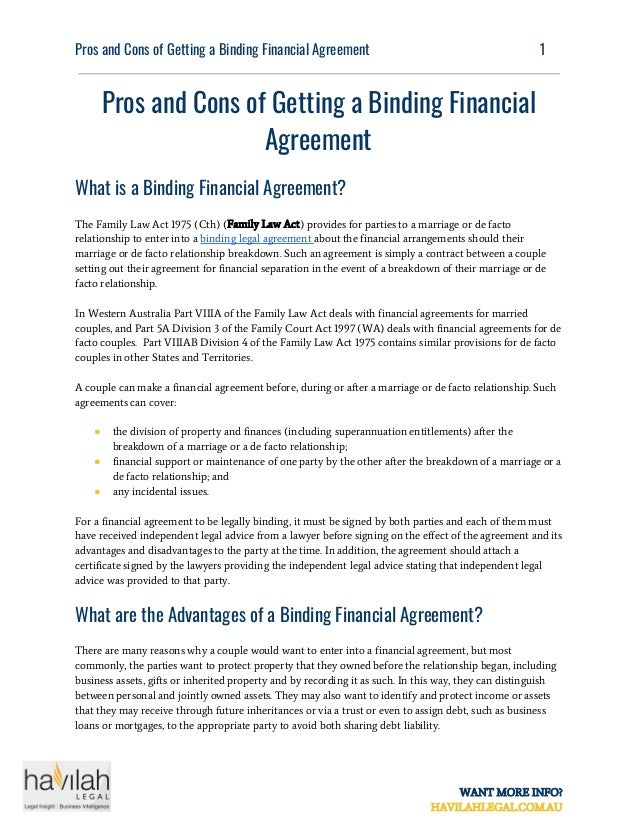 Pros and Cons of Getting a Binding Financial Agreement Havilah Legal