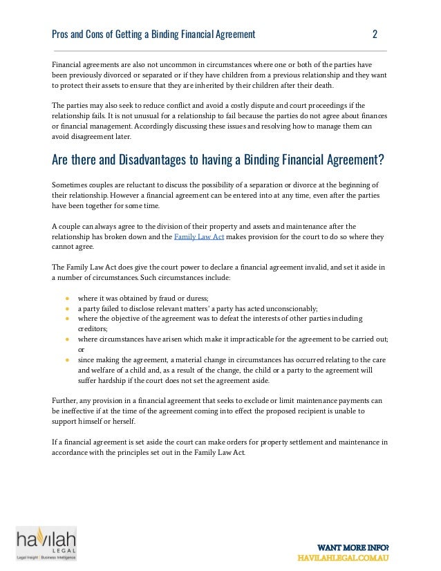 Pros and Cons of Getting a Binding Financial Agreement Havilah Legal