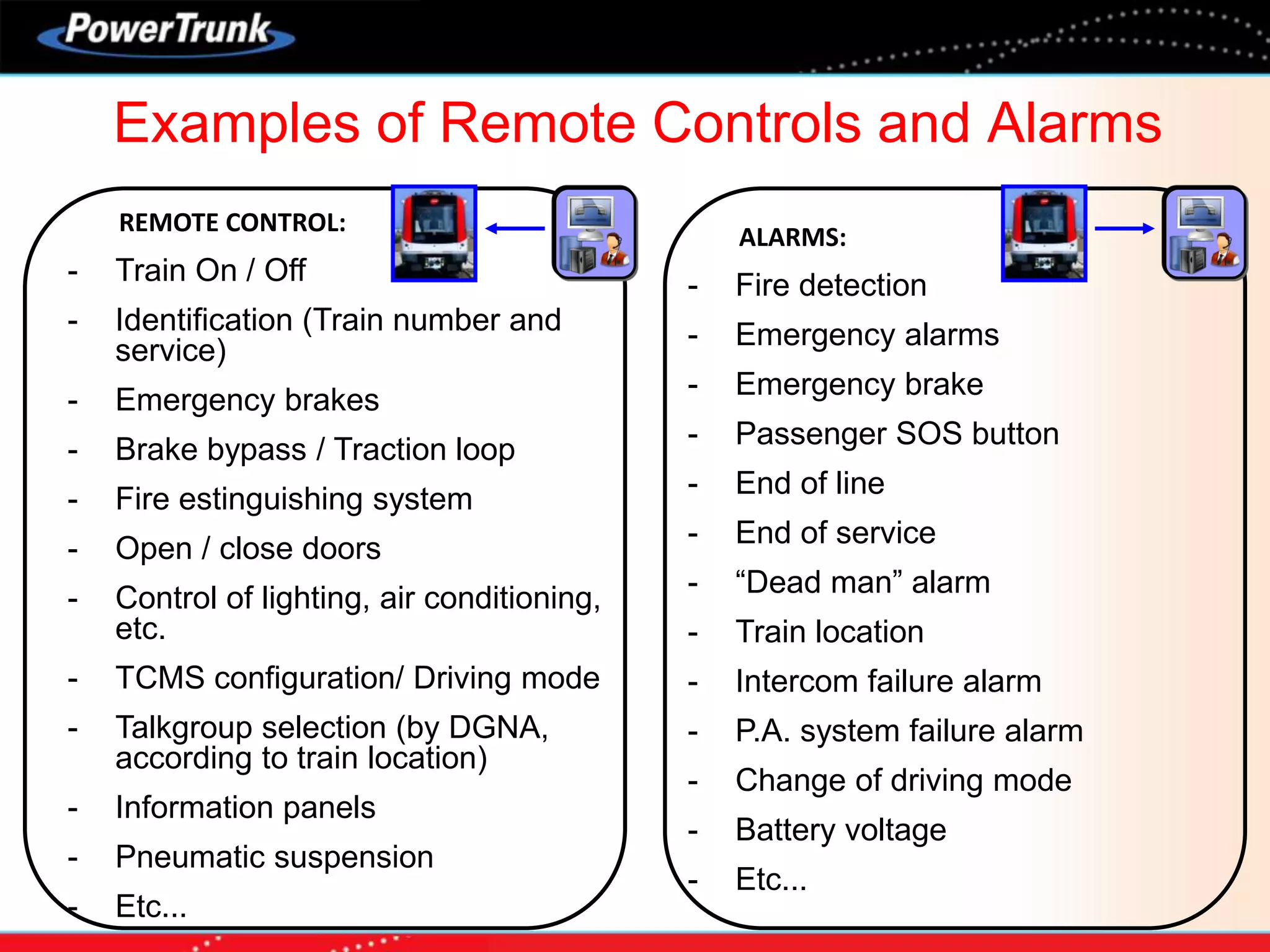 REMOTE CONTROL:
- Train On / Off
- Identification (Train number and
service)
- Emergency brakes
- Brake bypass / Traction loop
- Fire estinguishing system
- Open / close doors
- Control of lighting, air conditioning,
etc.
- TCMS configuration/ Driving mode
- Talkgroup selection (by DGNA,
according to train location)
- Information panels
- Pneumatic suspension
- Etc...
ALARMS:
- Fire detection
- Emergency alarms
- Emergency brake
- Passenger SOS button
- End of line
- End of service
- “Dead man” alarm
- Train location
- Intercom failure alarm
- P.A. system failure alarm
- Change of driving mode
- Battery voltage
- Etc...
Examples of Remote Controls and Alarms
 