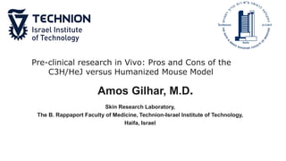 Skin Research Laboratory,
The B. Rappaport Faculty of Medicine, Technion-Israel Institute of Technology,
Haifa, Israel
Human Scalp Skin Xenotransplants in Androgenetic
AlopeciaPre-clinical research in Vivo: Pros and Cons of the
C3H/HeJ versus Humanized Mouse Model
Human skin grafts on animal models
Amos Gilhar, M.D.
 