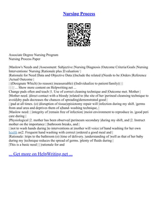 Nursing Process
Associate Degree Nursing Program
Nursing Process Paper
|Maslow's Needs and |Assessment: Subjective |Nursing Diagnosis |Outcome Criteria/Goals |Nursing
Interventions/ Nursing |Rationale plus |Evaluation/ |
|Rationale for Need |Data and Objective Data |(Include the related |(Needs to be |Orders |Reference
|Actual Outcome |
| |(Designate Which) |to reason) |measureable) |(Individualize to patient/family)| | |
| | | | ... Show more content on Helpwriting.net ...
Change pads often and teach |1. Use of correct cleaning technique and |Outcome met. Mother |
|Mother need. |direct contact with a bloody |related to |the site of her |perineal cleansing technique to
avoid|dry pads decreases the chances of spreading|demonstrated good |
| |pad at all times. (o) |disruption of tissue|episiotomy repair will |infection during my shift. |germs
from anal area and deprives them of a|hand–washing technique, |
|Maslow need: | |integrity of |remain free of infection| |moist environment to reproduce in. |good peri
care during |
|Physiological |2. mother has been observed |perineum secondary |during my shift, and |2. Instruct
mother on the importance | |bathroom breaks, and |
| |not to wash hands during |to interventions at |mother will voice |of hand washing for her own
health as|2. Frequent hand washing with correct |ordered a good meal and |
|Rationale: |trips to the bathroom (o) |time of delivery. |understanding of |well as that of her baby
during my |technique reduces the spread of germs. |plenty of fluids during |
|This is a basic need | | |rationale for and
... Get more on HelpWriting.net ...
 