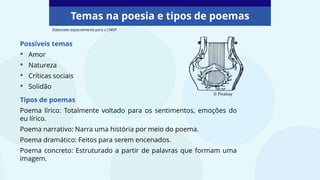 Temas na poesia e tipos de poemas
Possíveis temas
• Amor
• Natureza
• Críticas sociais
• Solidão
Tipos de poemas
Poema lírico: Totalmente voltado para os sentimentos, emoções do
eu lírico.
Poema narrativo: Narra uma história por meio do poema.
Poema dramático: Feitos para serem encenados.
Poema concreto: Estruturado a partir de palavras que formam uma
imagem.
© Pixabay
Elaborado especialmente para o CMSP.
 