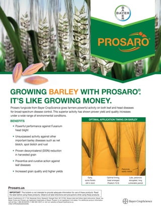 GROWING BARLEY WITH PROSARO®
                             .
  IT’S LIKE GROWING MONEY.
   Prosaro fungicide from Bayer CropScience gives farmers powerful activity on both leaf and head diseases
   for broad-spectrum disease control. This superior activity has shown proven yield and quality increases
   under a wide range of environmental conditions.
                                                                                                                  OPTIMAL APPLICATION TIMING ON BARLEY
  BENEFITS
         Powerful performance against Fusarium
         head blight

         Unsurpassed activity against other
         important barley diseases such as net
         blotch, spot blotch and rust

         Proven deoxynivalenol (DON) reduction
         in harvested grain

         Preventive and curative action against
         leaf diseases
                                                                                                                                                            Peduncle
         Increased grain quality and higher yields                                                                                                          easily visible


                                                                                                                  Early,                  Optimal timing,            Late, peduncle
                                                                                                             some ﬂorets                  head emerged               elongated, long
                                                                                                              still in boot               (Feeke’s 10.5)            vulnerable period

Prosaro.us
 IMPORTANT: This bulletin is not intended to provide adequate information for use of these products. Read
 the label before using these products. Observe all label directions and precautions while using these products.
Bayer CropScience LP, 2 T.W. Alexander Drive, Research Triangle Park, NC 27709. Always read and follow label instructions. Bayer, the
Bayer Cross and Prosaro are registered trademarks of Bayer. Prosaro is not registered in all states. For additional product information
call toll-free 1-866-99-BAYER (1-866-992-2937) or visit our website at BayerCropScience.us
CR0212PROSARA003V05R0
 