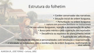 Estrutura do folhetim
• Caráter conservador das narrativas.
• Situação inicial de ordem burguesa.
• Perturbação na ordem burguesa:
• ruptura com preceitos familiares ou institucionais
• Crise nos valores burgueses, rejeição e desaprovação de ações.
• Busca pelo mérito e pela superação dos rejeitados.
• Decadência ou equívoco do planejamento inicial.
• Superação das dificuldades.
• Revelação de atitudes e personalidades com retratação e reaproximação.
• A felicidade se restabelece com a reordenação da ordem burguesa, reafirmando os
seus valores.
ALMEIDA JR., JOSÉ FERRAZ – Leitura, 1892.
 