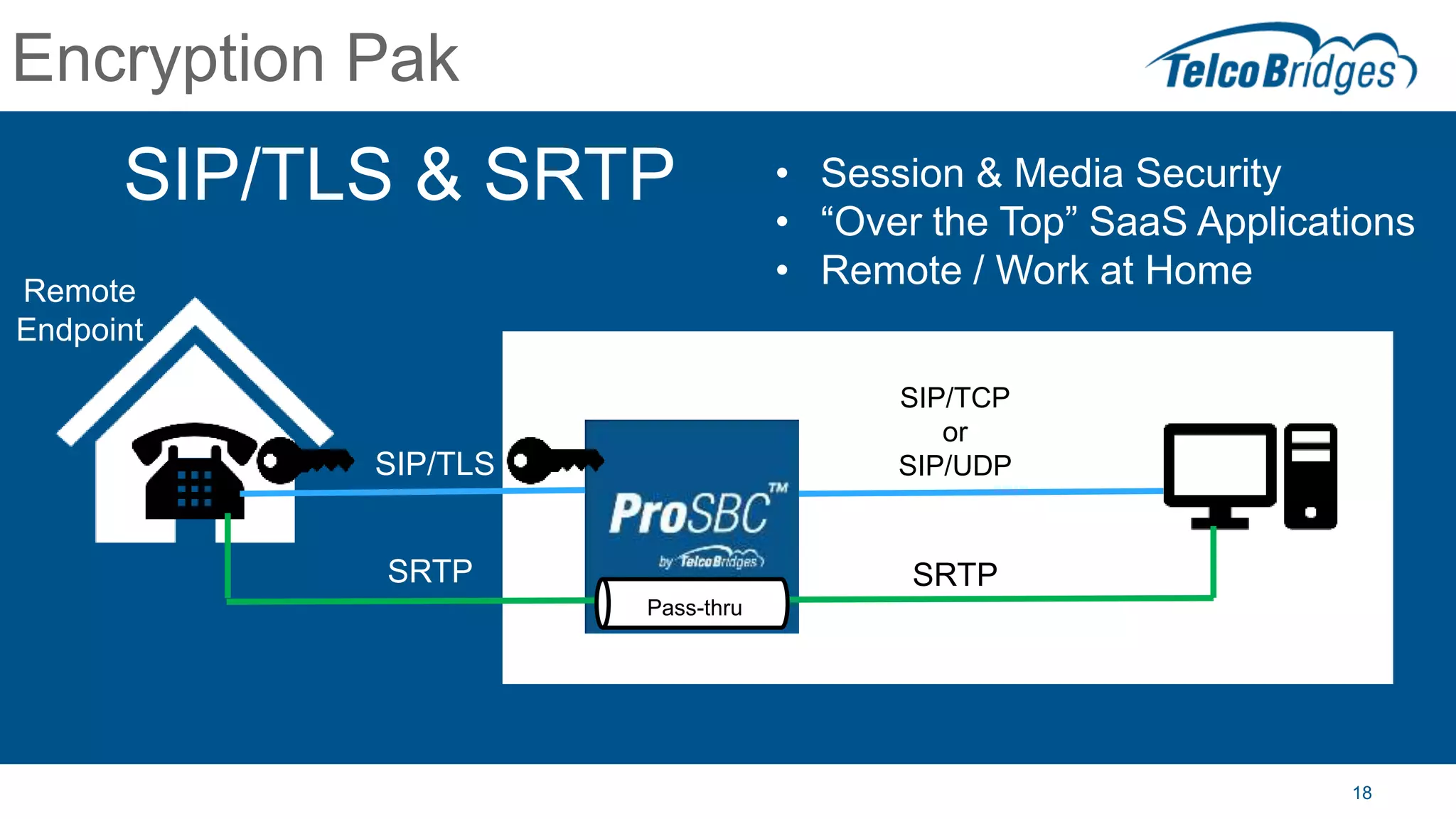 18
Encryption Pak
SIP/TLS & SRTP
SIP/TLS
SIP/TCP
or
SIP/UDP
Remote
Endpoint
SRTP
Pass-thru
SRTP
• Session & Media Security
• “Over the Top” SaaS Applications
• Remote / Work at Home
 