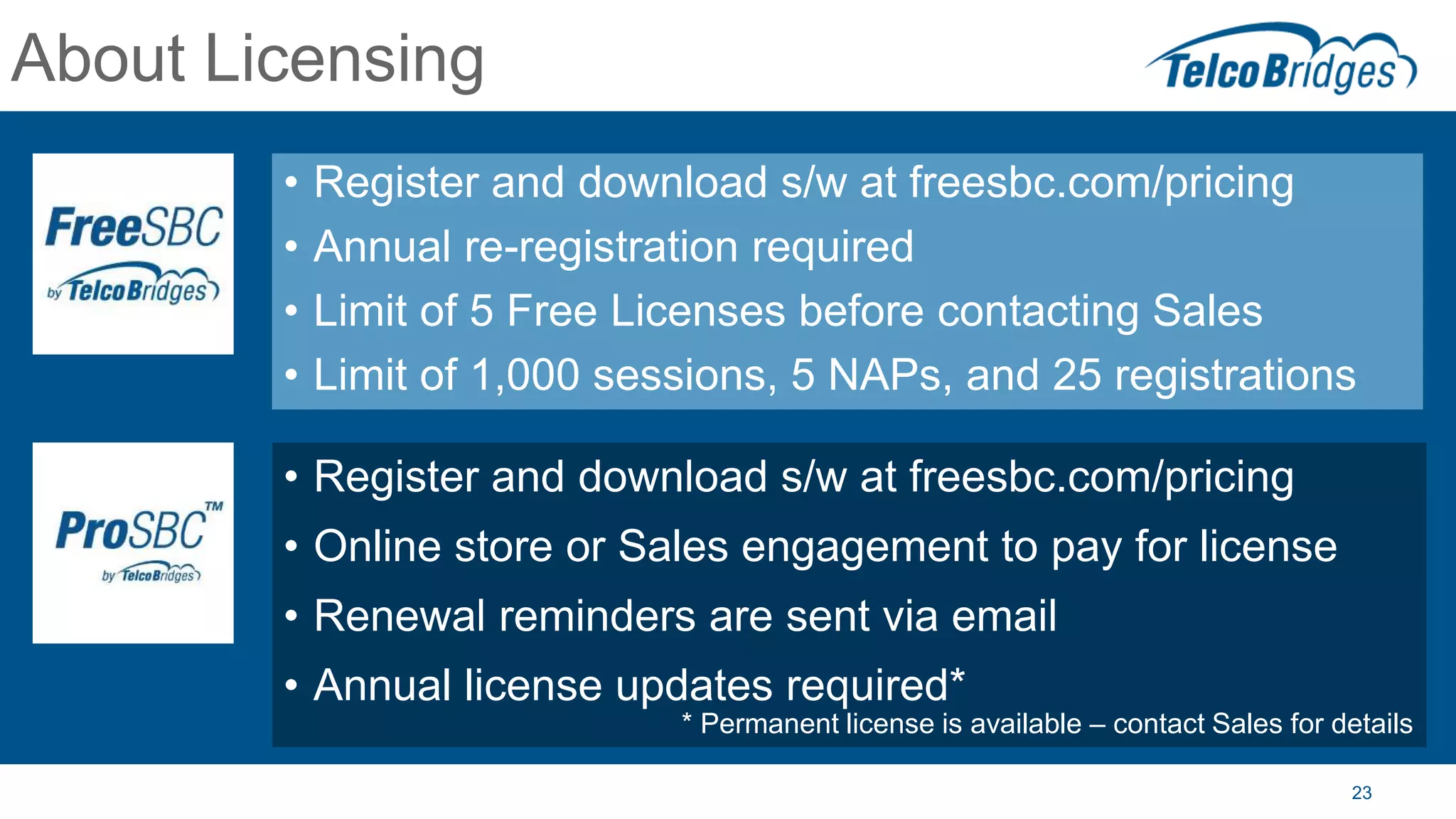 23
About Licensing
• Register and download s/w at freesbc.com/pricing
• Annual re-registration required
• Limit of 5 Free Licenses before contacting Sales
• Limit of 1,000 sessions, 5 NAPs, and 25 registrations
• Register and download s/w at freesbc.com/pricing
• Online store or Sales engagement to pay for license
• Renewal reminders are sent via email
• Annual license updates required*
* Permanent license is available – contact Sales for details
 