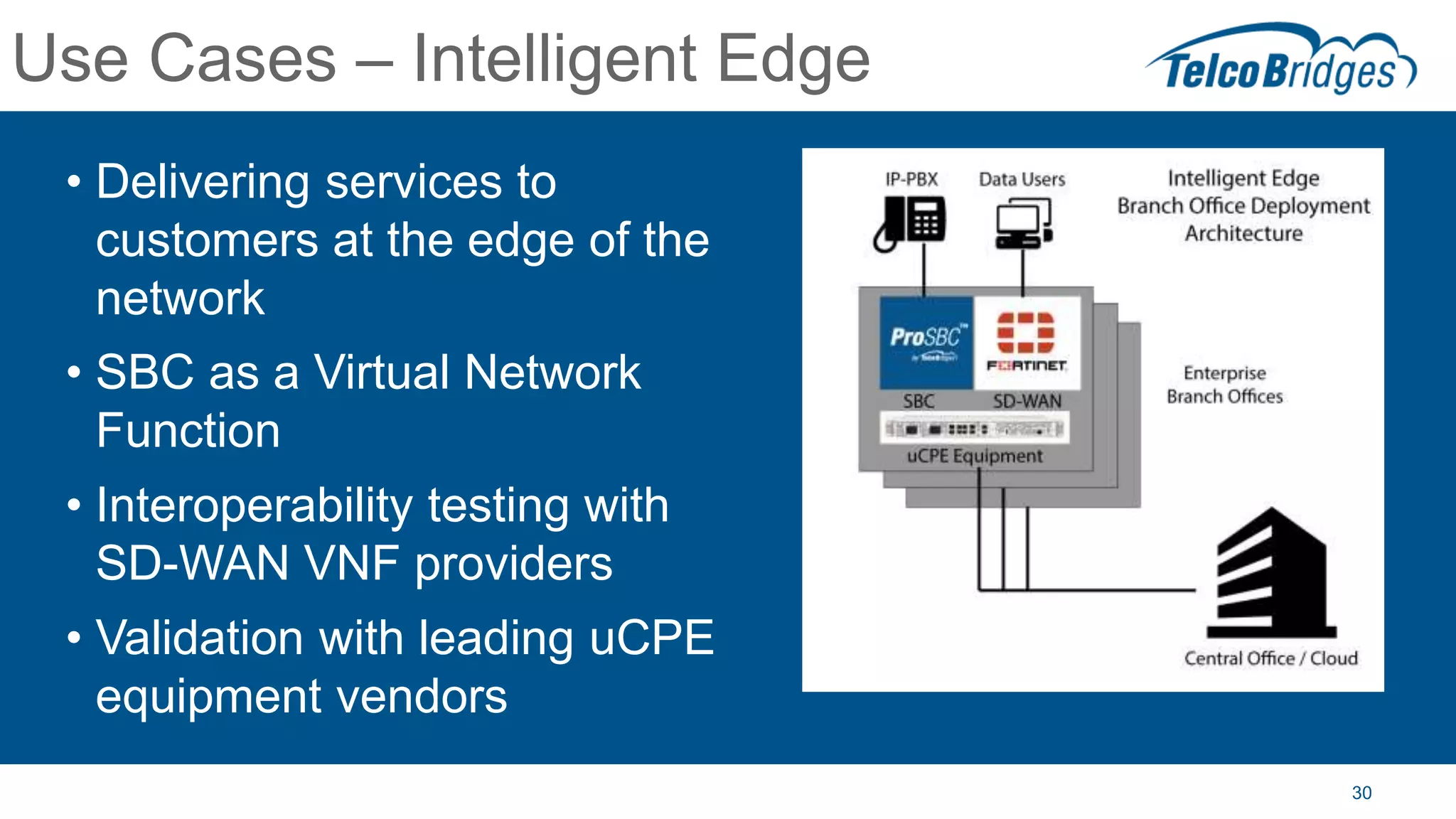 30
Use Cases – Intelligent Edge
• Delivering services to
customers at the edge of the
network
• SBC as a Virtual Network
Function
• Interoperability testing with
SD-WAN VNF providers
• Validation with leading uCPE
equipment vendors
 