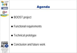 Lehrstuhl Informatik 5
(Information Systems)
Prof. Dr. M. Jarke
I5-FL-MMYY-2
Learning
Layers
Agenda
 BOOST project
 Functional requirements
 Technical prototype
 Conclusion and future work
 