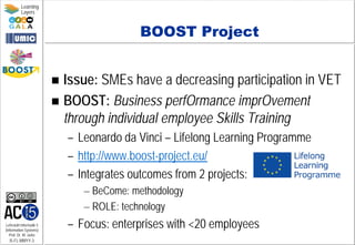 Lehrstuhl Informatik 5
(Information Systems)
Prof. Dr. M. Jarke
I5-FL-MMYY-3
Learning
Layers
BOOST Project
 Issue: SMEs have a decreasing participation in VET
 BOOST: Business perfOrmance imprOvement
through individual employee Skills Training
– Leonardo da Vinci – Lifelong Learning Programme
– http://www.boost-project.eu/
– Integrates outcomes from 2 projects:
– BeCome: methodology
– ROLE: technology
– Focus: enterprises with <20 employees
 