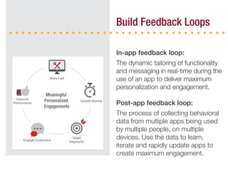 Build Feedback Loops
The dynamic tailoring of functionality
and messaging in real-time during the
use of an app to deliver maximum
personalization and engagement.
The process of collecting behavioral
data from multiple apps being used
by multiple people, on multiple
devices. Use the data to learn,
iterate and rapidly update apps to
create maximum engagement.
 
