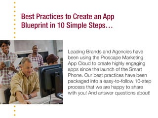 Leading Brands and Agencies have
been using the Proscape Marketing
App Cloud to create highly engaging
apps since the launch of the Smart
Phone. Our best practices have been
packaged into a easy-to-follow 10-step
process that we are happy to share
with you! And answer questions about!
Best Practices to Create an App
Blueprint in 10 Simple Steps…
 