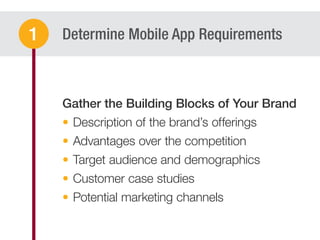 Determine Mobile App Requirements
Description of the brand’s offerings
Advantages over the competition
Target audience and demographics
Customer case studies
Potential marketing channels
1
 
