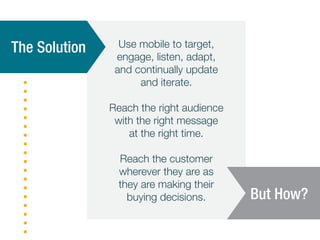 Use mobile to target,
engage, listen, adapt,
and continually update
and iterate.
Reach the right audience
with the right message
at the right time.
Reach the customer
wherever they are as
they are making their
buying decisions.
The Solution
But How?
 