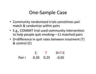 One‐Sample CaseOne Sample Case
• Community randomized trials sometimes pair Co u ty a do ed t a s so et es pa
match & randomize within pairs
• E.g., COMMIT trial used community intervention g y
to help people quit smoking—11 matched pairs
• D=difference in quit rates between treatment (T) 
& control (C)
C T  D=T‐C
Pair i         0.30     0.25        ‐0.05
 
