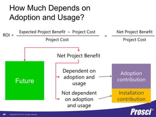 Copyright Prosci 2015. All rights reserved.
Future
Adoption
contributionFuture
How Much Depends on
Adoption and Usage?
Net Project Benefit
Dependent on
adoption and
usage
Not dependent
on adoption
and usage
Installation
contribution
ROI =
Expected Project Benefit – Project Cost
Project Cost
Net Project Benefit
Project Cost
=
46
 