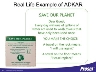 Copyright Prosci 2015. All rights reserved.
Real Life Example of ADKAR
58
SAVE OUR PLANET
Dear Guest,
Every day millions of gallons of
water are used to wash towels that
have only been used once.
YOU MAKE THE CHOICE:
A towel on the rack means
“I will use again.”
A towel on the floor means:
“Please replace.”
 