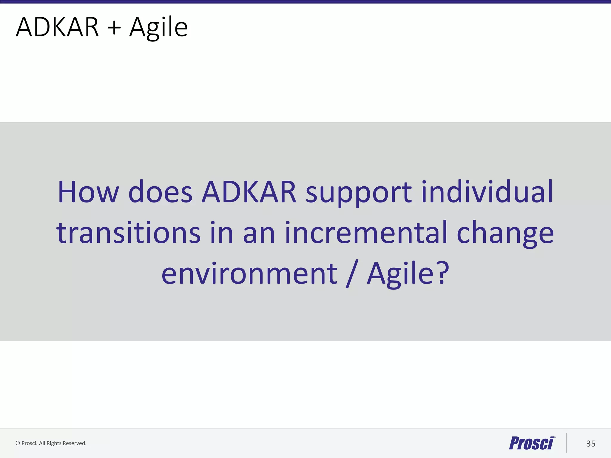 © Prosci. All Rights Reserved. 35© Prosci Inc. All rights reserved.
ADKAR + Agile
How does ADKAR support individual
transitions in an incremental change
environment / Agile?
 