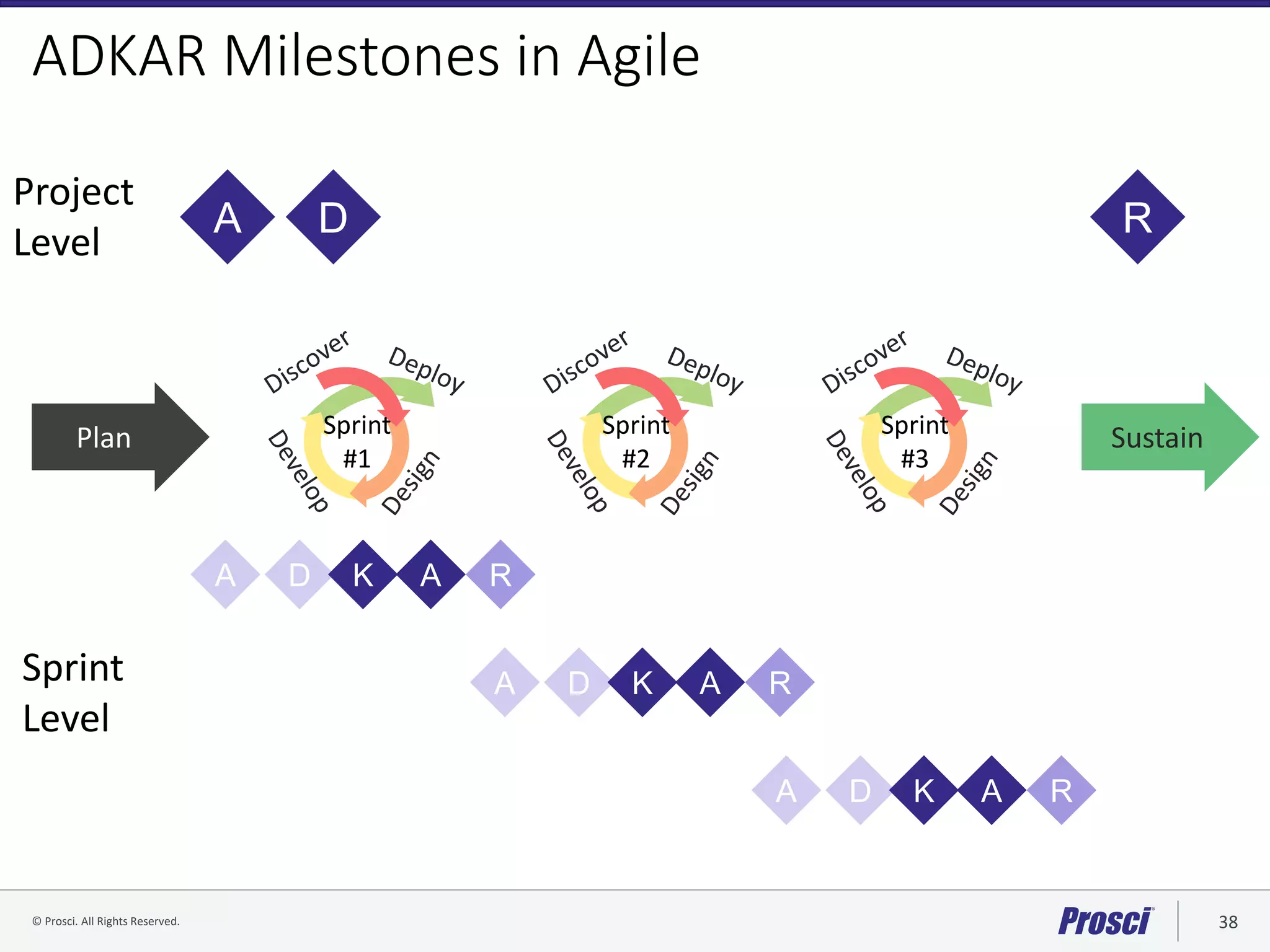 © Prosci. All Rights Reserved. 38© Prosci Inc. All rights reserved.
ADKAR Milestones in Agile
Plan SustainSprint
#1
Sprint
#3
Sprint
#2
Project
Level
Sprint
Level
A D R
A D K A R
A D K A R
A D K A R
 