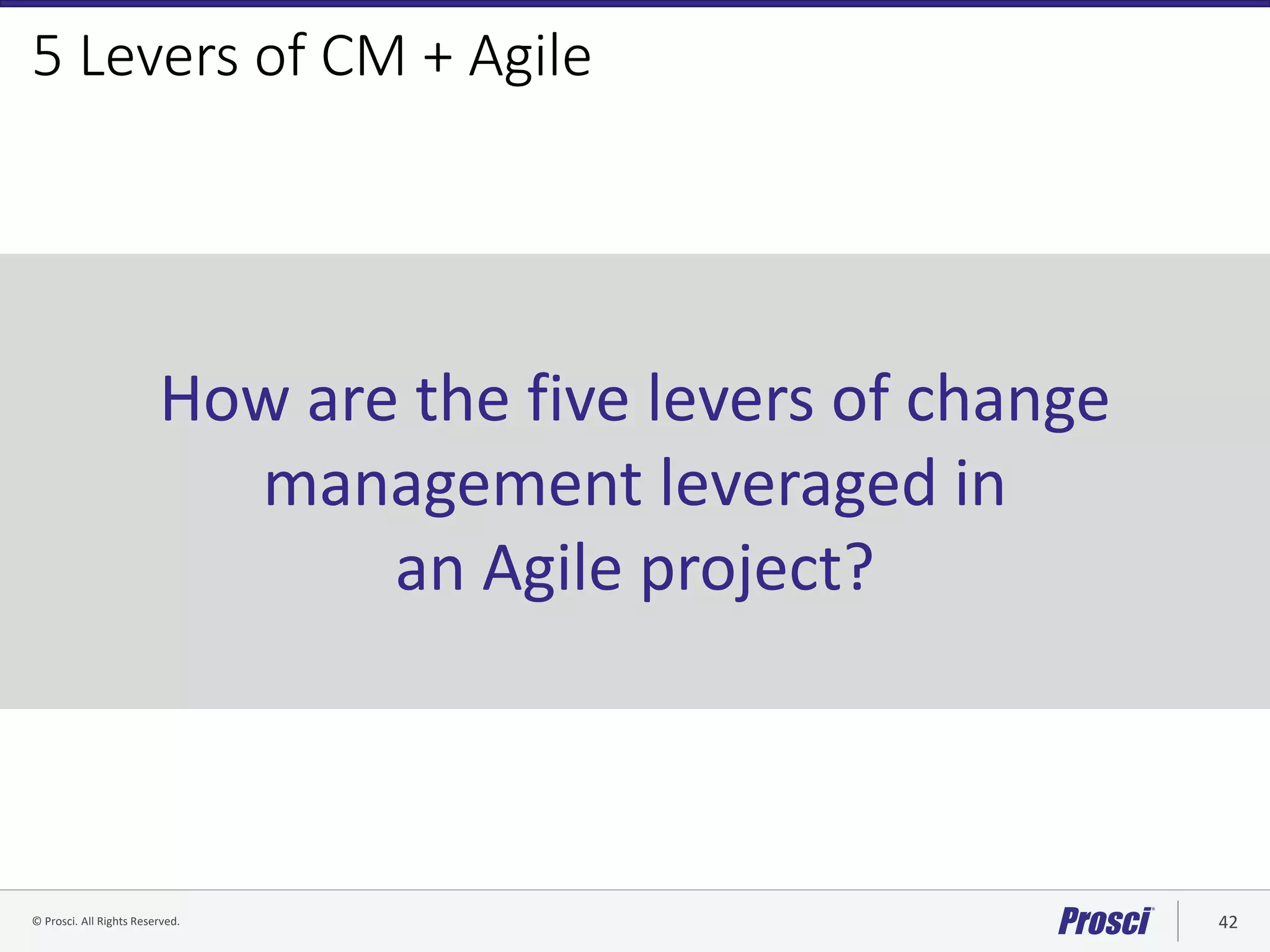 © Prosci. All Rights Reserved. 42© Prosci Inc. All rights reserved.
5 Levers of CM + Agile
How are the five levers of change
management leveraged in
an Agile project?
 