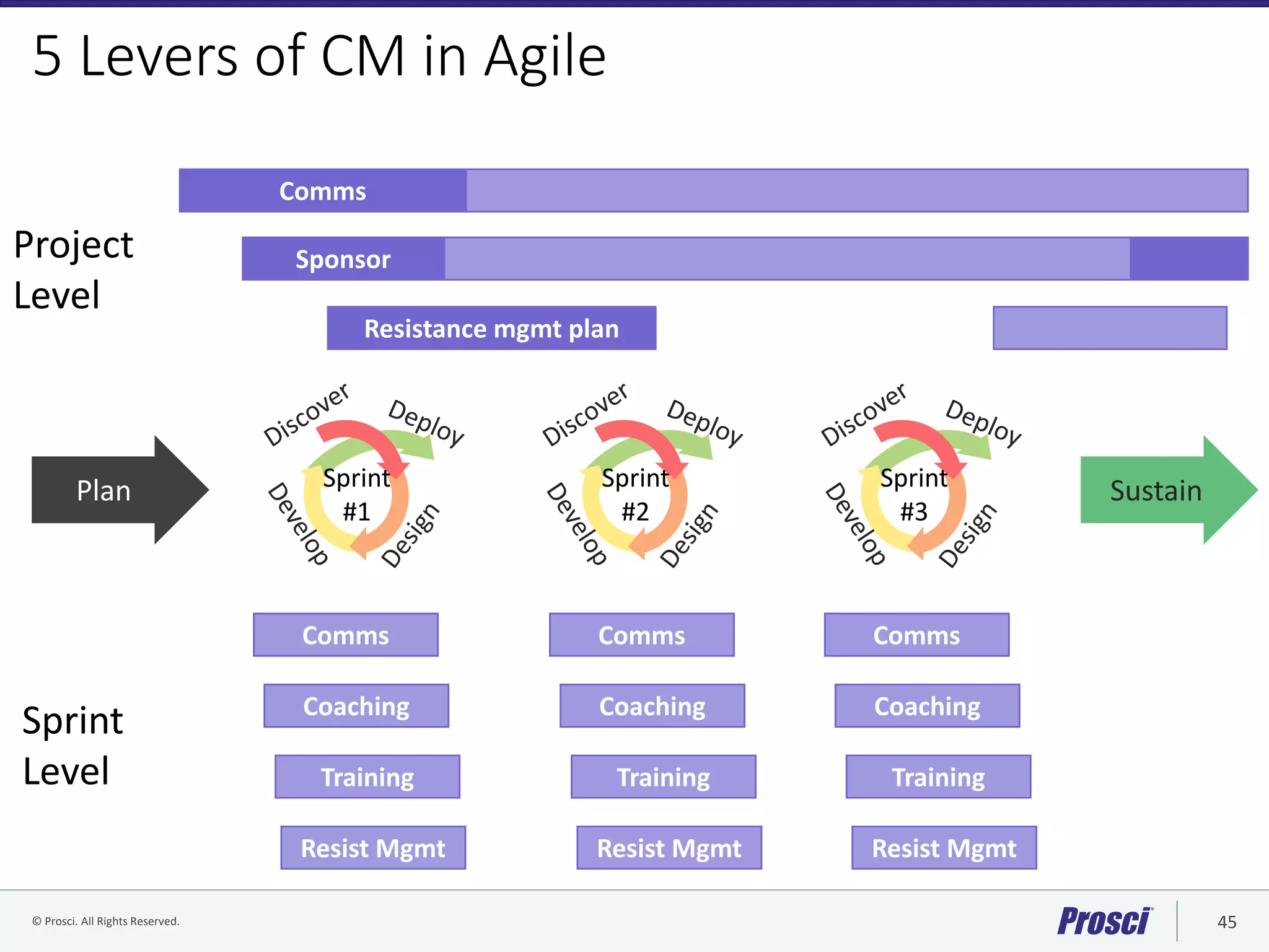 © Prosci. All Rights Reserved. 45© Prosci Inc. All rights reserved.
5 Levers of CM in Agile
Plan SustainSprint
#1
Sprint
#3
Sprint
#2
Project
Level
Sprint
Level
Comms
Sponsor
Comms
Coaching
Training
Resistance mgmt plan
Resist Mgmt
Comms
Coaching
Training
Resist Mgmt
Comms
Coaching
Training
Resist Mgmt
 