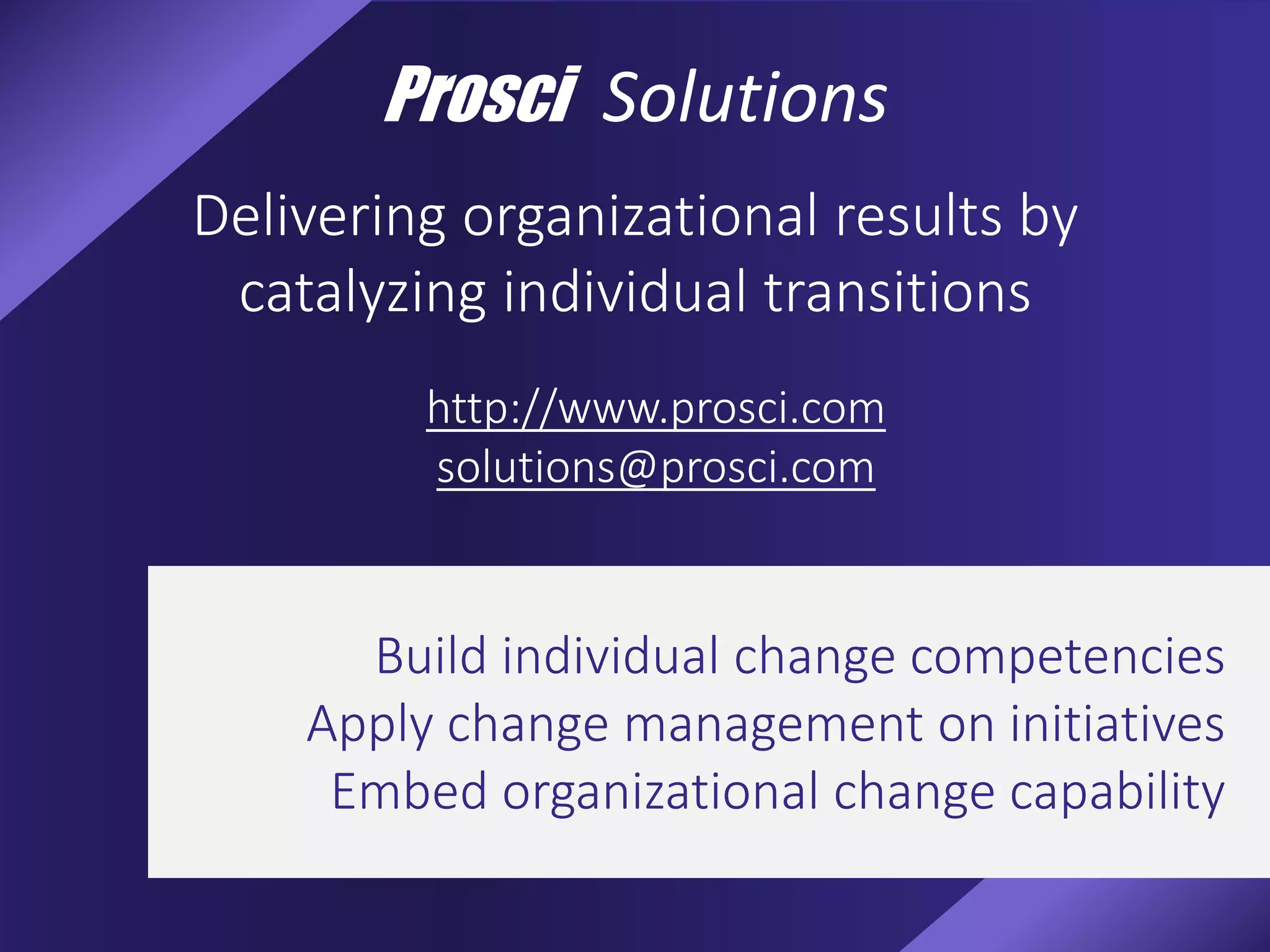 Prosci Solutions
Delivering organizational results by
catalyzing individual transitions
http://www.prosci.com | http://blog.prosci.com
changemanagement@prosci.com
Build individual change competencies
Apply change management on initiatives
Embed organizational change capability
http://www.prosci.com
solutions@prosci.com
 