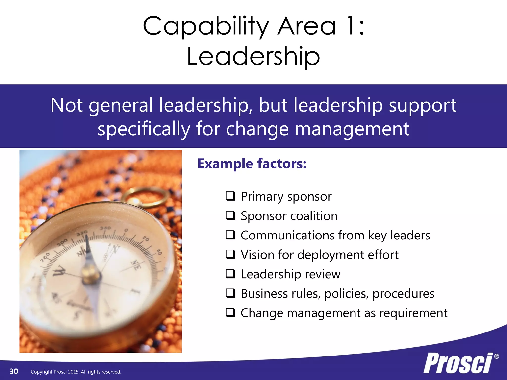 Copyright Prosci 2015. All rights reserved.
Capability Area 1:
Leadership
30
Not general leadership, but leadership support
specifically for change management
Example factors:
 Primary sponsor
 Sponsor coalition
 Communications from key leaders
 Vision for deployment effort
 Leadership review
 Business rules, policies, procedures
 Change management as requirement
 