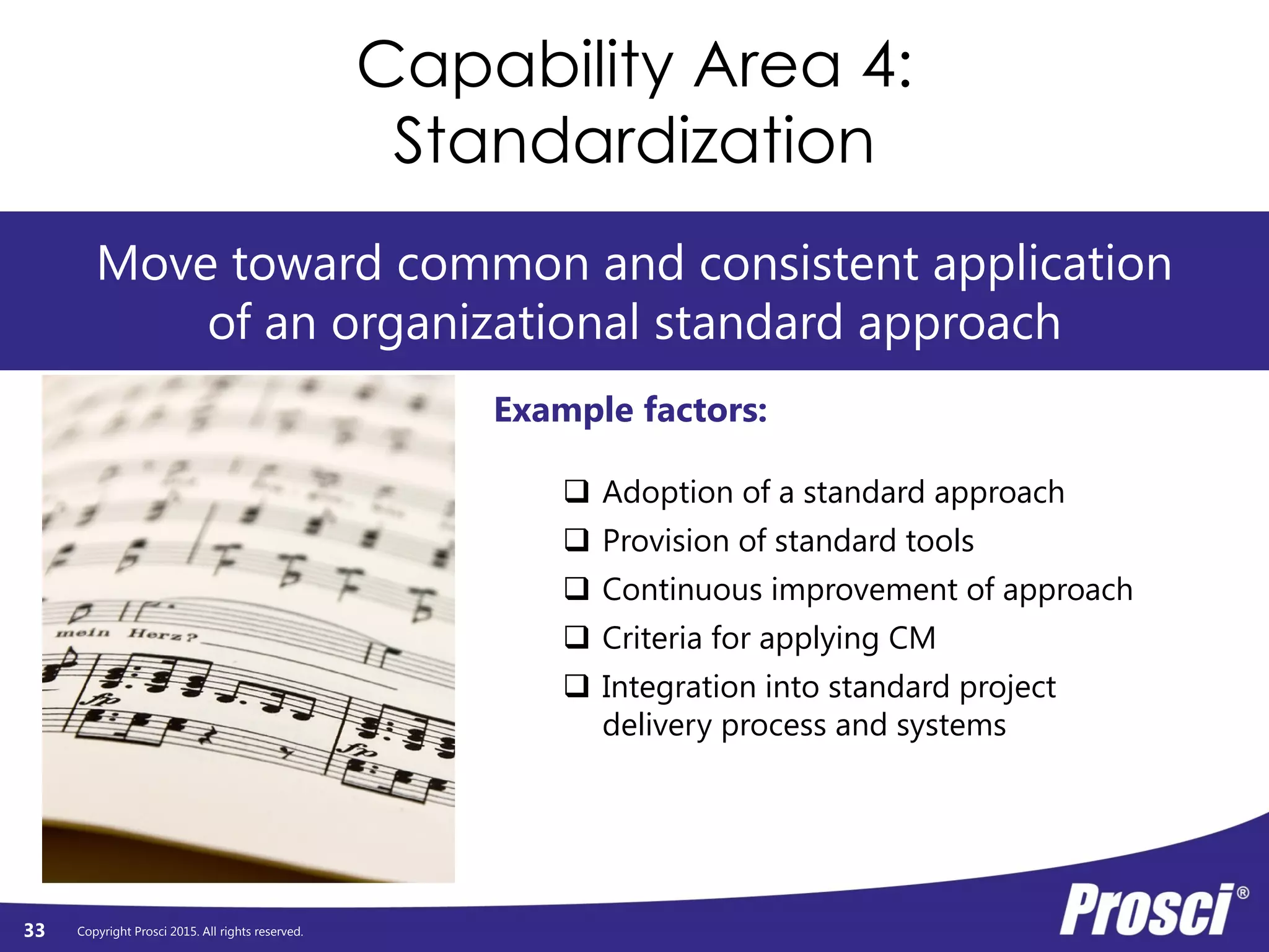 Copyright Prosci 2015. All rights reserved.
Capability Area 4:
Standardization
33
Move toward common and consistent application
of an organizational standard approach
Example factors:
 Adoption of a standard approach
 Provision of standard tools
 Continuous improvement of approach
 Criteria for applying CM
 Integration into standard project
delivery process and systems
 