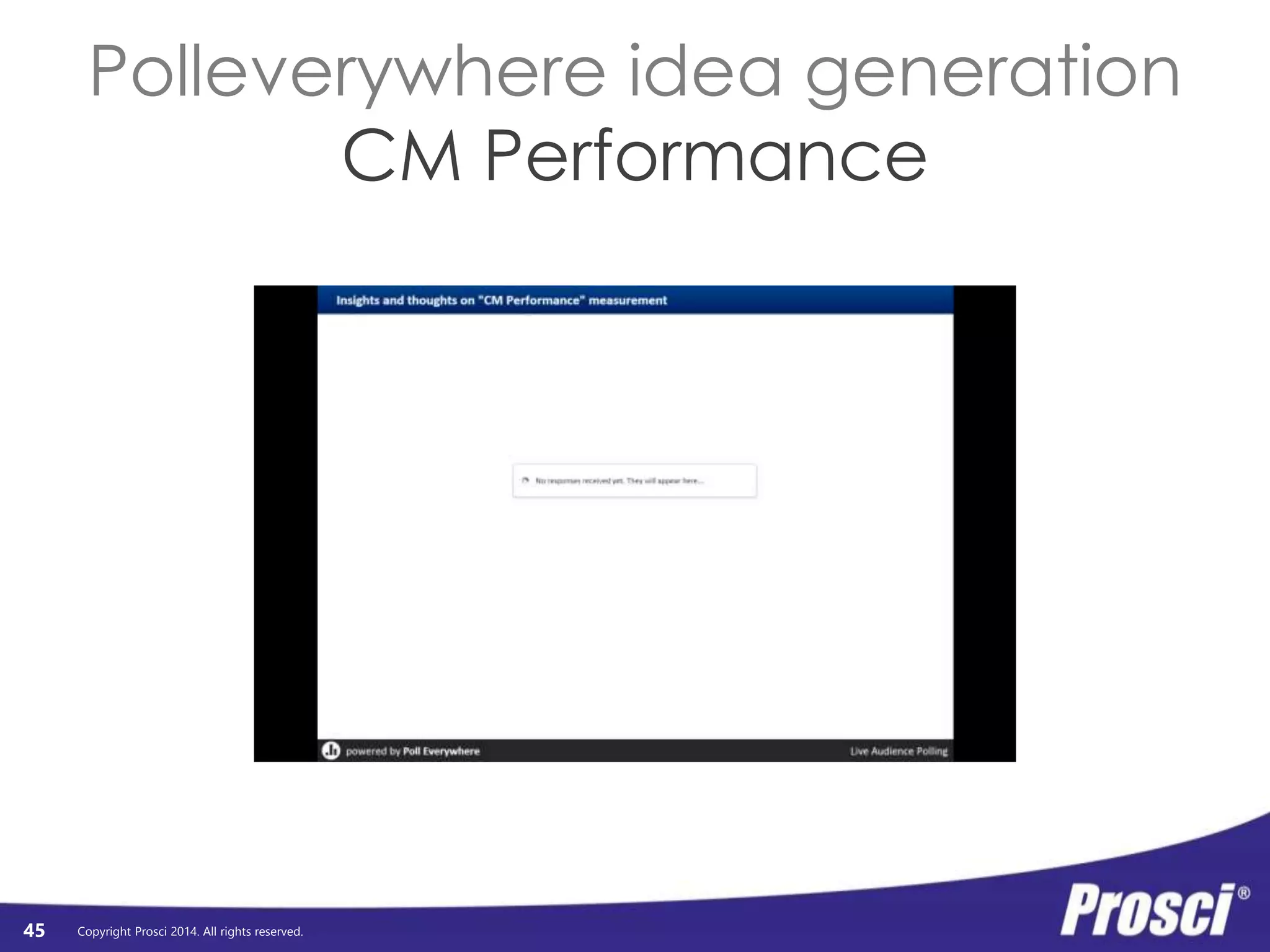 Copyright Prosci 2014. All rights reserved. 
Individual 
Performance 
45 
Individual 
Performance 
Individual 
Readiness 
Engagement, 
Participation, 
and Adoption 
Usage and 
Performance 
Organizational 
Performance 
Org Readiness 
and Change 
Requisites 
Progress 
to Plan 
Results 
and 
Outcomes 
Change Mgmt 
Performance 
Preparing: 
Strategy and 
Plans 
Managing: 
Implementation 
Activities 
Reinforcing: 
Sustaining 
Activities 
• Discuss at your table 
• Identify key themes 
• Post to screen 
 