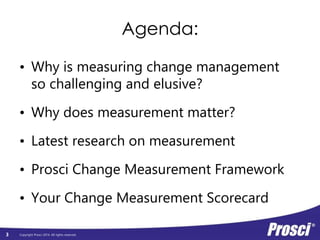 Copyright Prosci 2014. All rights reserved. 
Agenda: 
3 
10 
min 
Why is measuring CM so challenging and elusive? 
Why does measurement matter? 
15 
min Latest research on measurement 
20 
min Prosci Change Measurement Framework 
45 
min 
Your Change Measurement Scorecard 
- Individual 
- Small group 
- Large group 
 