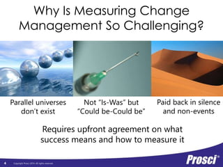 Why Is Measuring Change 
Management So Challenging? 
Copyright Prosci 2014. All rights reserved. 
4 
Not “Is-Was” but 
“Could be-Could be” 
Parallel universes 
don’t exist 
Paid back in silence 
and non-events 
Requires upfront agreement on what 
success means and how to measure it 
 